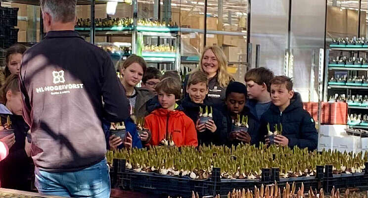 Kinderen op bezoek bij hyacintenkwekerij